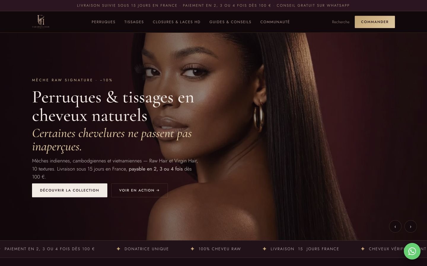 Capture du site Faramaya Hair : une collection de cheveux naturels dans un univers bordeaux et doré