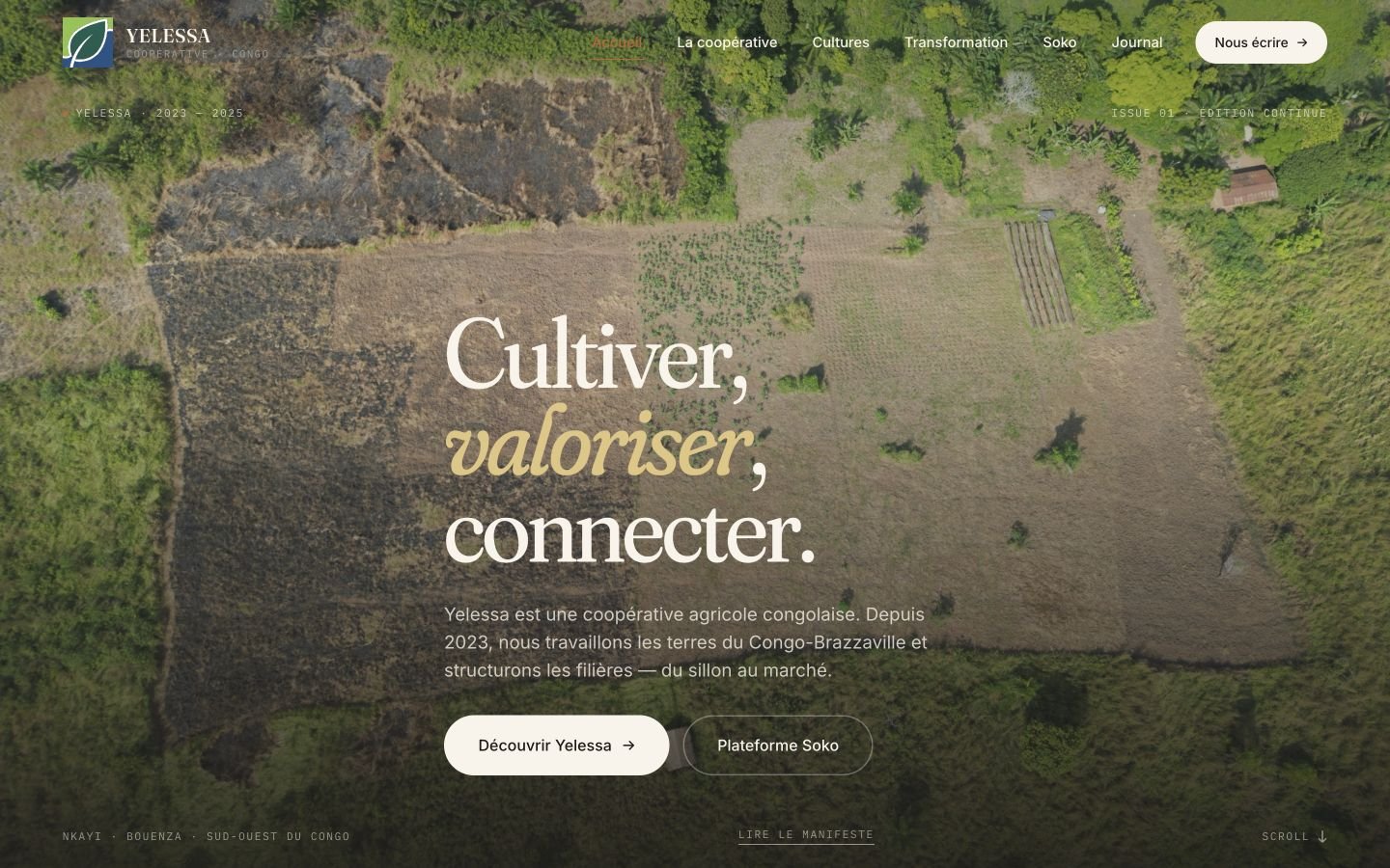 Capture du site Yelessa : paysage agricole et titre Cultiver, valoriser, connecter